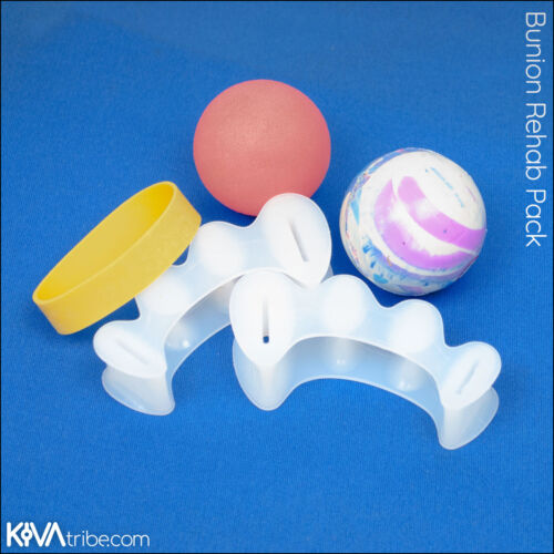 Bunion Rehab Pack by Kiva Tribe containing silicone toe separators, hard massage ball, foam massage ball, bunion stretch resistance band
