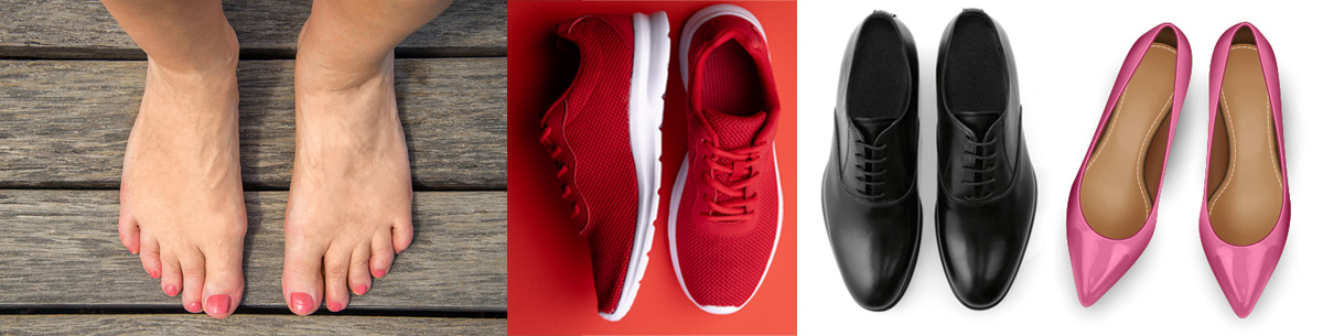 Comparison of a bare foot and various examples of tapered toe box shoes